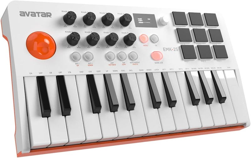 HXW 25 مفتاح USB MIDI لوحة مفاتيح تحكم مع بلوتوث، لوحة مفاتيح ميني مهنية مع شاشة OLED، آلة صنع الإيقاع لإنتاج الموسيقى، البرمجيات متضمنة، EMK-25 أبيض - Image 1
